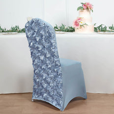 Dusty Blue Satin Rosette Spandex Stretch Banquet Chair Cover, Fitted Chair Cover