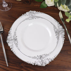 10 Pack | White/Silver Baroque 8inch Round Plastic Dessert Salad Plates