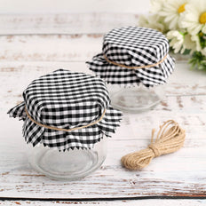 6inch Black/White Checkered Jam Jar Covers with Jute String - Scalloped Edge