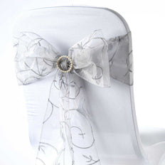 5 PCS | 7 Inch x108 Inch | Silver Embroidered Organza Chair Sashes | TableclothsFactory