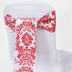 5 Pack | 6"x108" Flocking Taffeta Chair Sashes - Red | White