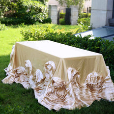 90"x132" Champagne Large Rosette Rectangular Lamour Satin Tablecloth