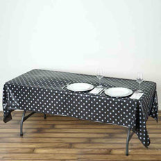 54" x 108" 10 Mil Thick Perky Polka Dots Waterproof Tablecloth PVC Rectangle Disposable Tablecloth - Black/White