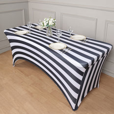 8ft Black/White Striped Spandex Stretch Fitted Rectangular Tablecloth With Foot Pockets - Spandex